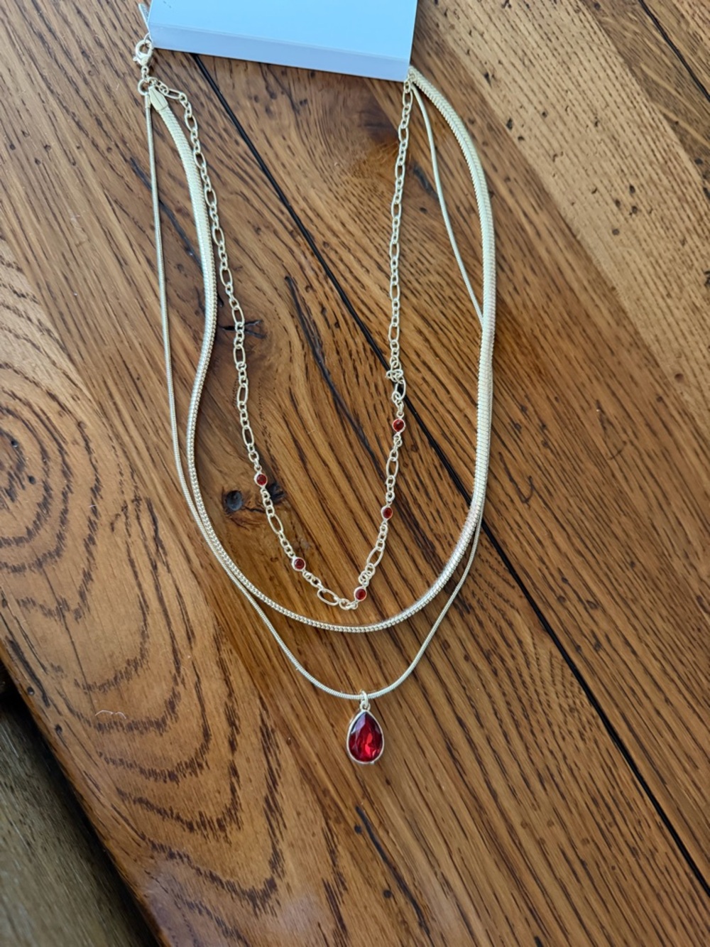 Nine West Gold-Tone Layered Necklace with Red Teardrop and Accent Stones